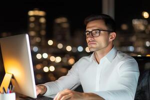 Serious man working diligently at a computer in a minimalist office with a nighttime city view behind him photo