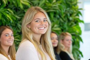 A woman presents confidently to a diverse audience in an inviting office setting with greenery in the background photo