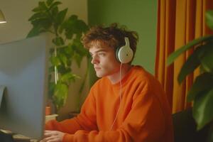 A focused young man in an orange sweater listens to music while working at his desk surrounded by plants photo