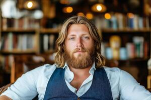 A bearded man in a cozy reading nook enjoys a moment of reflection during the afternoon hours photo
