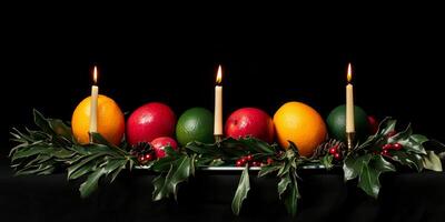 A striking Kwanzaa display highlights a kinara adorned with colorful fruits and subtle decorations photo