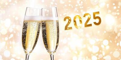 Celebrate the New Year 2025 with a toast of clinking champagne glasses and festive lights in the background photo