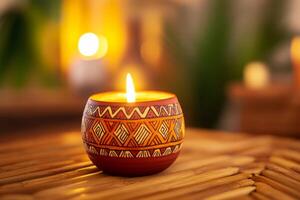 Brightly lit kinara surrounded by festive African patterns symbolizing Kwanzaa unity and principles photo