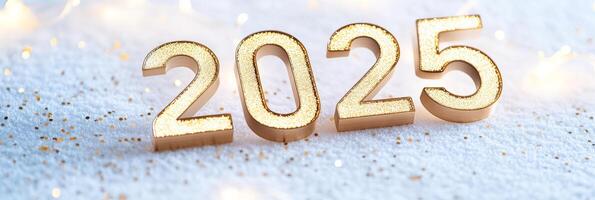 Warm golden 2025 celebration on a snowy surface adorned with lights and confetti for a hopeful new year photo