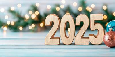 Celebrate the arrival of 2025 with festive decorations and warm bokeh lights for a joyful New Years atmosphere photo