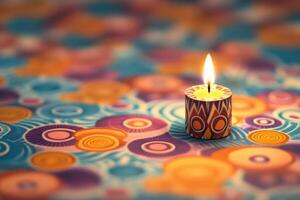 Brightly lit kinara with festive African patterns symbolizing unity during Kwanzaa celebrations photo