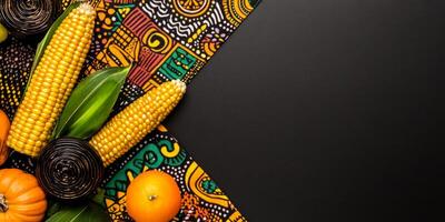 Elegant Kwanzaa arrangement featuring vibrant colors and traditional symbols on a festive table setting photo