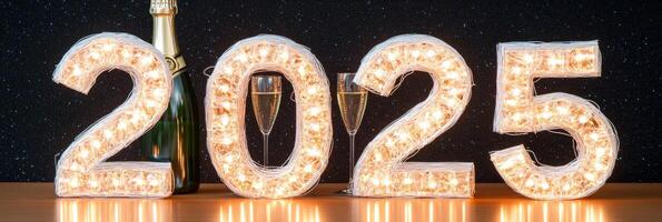 Celebrate New Years Eve 2025 with champagne and sparkling decorations in a festive setting photo