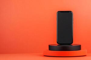 Promotional poster showcasing a modern digital app with a sleek smartphone on a vibrant orange background photo