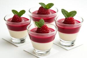 Delicious raspberry panna cotta in elegant glasses with creamy layers and fresh raspberry garnish photo
