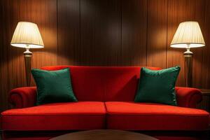 Luxurious red and burgundy sofa with emerald green cushions in a warm, stylish interior setting photo