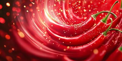 Red chili peppers arranged in a swirling pattern surrounded by spice particles highlighting heat and flavor photo