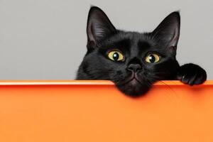 A playful black cat relaxing in a bright orange container against a warm gray background photo
