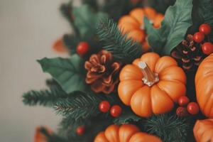 Vibrant display of various pumpkins and natural elements in a festive fall harvest arrangement photo