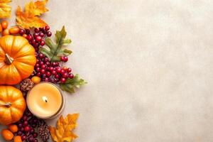 A vibrant display of pumpkins, autumn leaves, and berries creating a festive fall harvest atmosphere photo