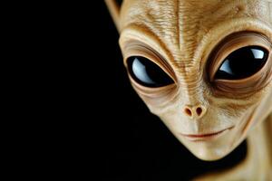 A captivating alien with realistic texture gazes into the distance against a dark background photo