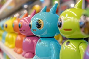 Brightly colored retro-style cartoon aliens with robotic features on display in a futuristic setting photo