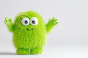 Bright green alien character waving enthusiastically on a clean white background with a friendly vibe photo