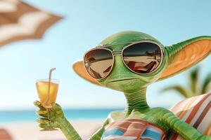 Futuristic alien enjoying a tropical drink while relaxing on the beach under clear skies photo