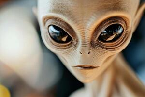 Close-up of a photorealistic alien with detailed features and serious expression set against a dark background photo