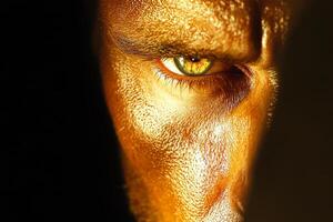 Close-up of a mysterious alien face with intense eyes and strong shadows creating a serious expression in a dark setting photo