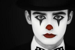 A melancholic clown man with vintage makeup gazes directly at the camera in a minimalist black-and-white setting photo