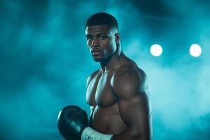 Muscular man in boxing gloves stands ready in a spotlight at a tense boxing match in a crowded arena photo