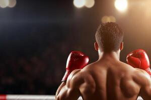 Muscular man preparing for a boxing match in a dimly lit arena with bright lights shining from above photo