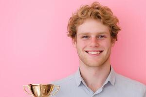 Smiling man joyfully holds a trophy against a pastel pink background in bright natural light photo
