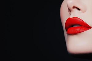 A striking vampire with red lips and visible fangs surrounded by a dark, minimalist setting at night photo