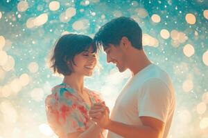 Cheerful couple dancing under rain with morning light in a minimalistic setting photo