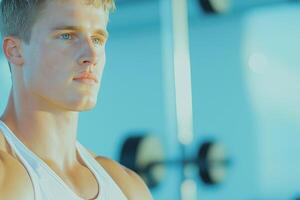Confident man gazing upward in a gym while preparing for a workout during daylight photo