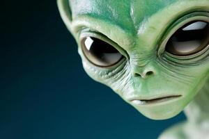 Close-up view of an alien face showcasing its distinct features with dark background and glowing eyes photo