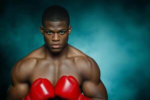 Boxer in red gloves prepares for a match in a smoky, low-lit ring highlighting strength and determination photo