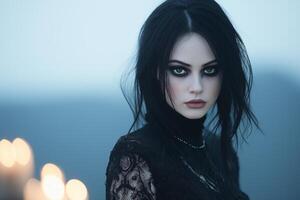 A beautiful vampire with dark flowing hair gazes intensely while surrounded by flickering candles in a gothic setting photo