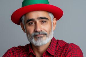 A clown man with a green wig and oversized hat poses playfully against a minimalist background photo