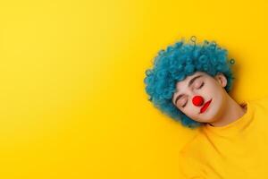 A cheerful clown man with a blue curly wig resting against a bright yellow background photo