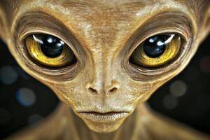 Close-up of a serious extraterrestrial being with detailed features and soft lighting against a dark background photo