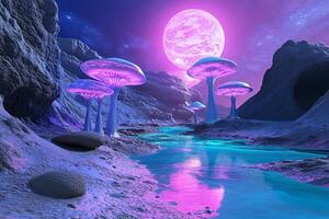 Surreal alien landscape featuring giant mushrooms under a vibrant pink moonlit sky photo