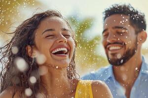 Hispanic couple enjoys dancing in the rain and laughter during a bright afternoon with minimalistic backdrop photo