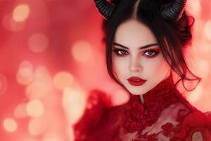 Beautiful vampire in a deep red dress with horns against a fiery background showcasing confidence and bold expression photo