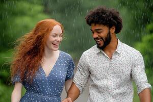 Joyful dancing in the rain with friends in a casual setting photo