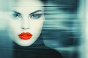 Captivating vampire with bright red lips and fangs in a blurred minimalist setting photo