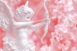Charming cupid with a bow and arrow surrounded by soft floral hues creating a whimsical atmosphere photo