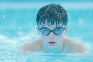 Young swimmer executes a powerful butterfly stroke in a pool with water splashes and bright sky reflection photo