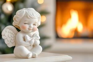 Thoughtful cupid with bow in vintage setting beside warm fireplace creating a cozy atmosphere photo
