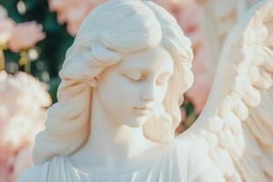 Mature cupid with a gentle expression in a serene garden surrounded by soft blossoms at golden hour photo