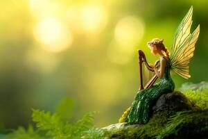 A fairy in a whimsical dress plays a tiny harp on a mossy rock surrounded by ferns and dappled sunlight photo