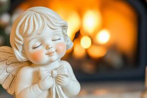 A thoughtful cupid holding a bow with a blurred fireplace adding warmth and nostalgia in a vintage-inspired setting photo