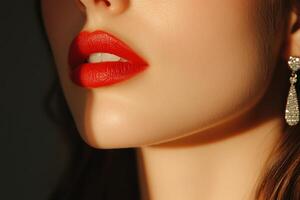 Elegant crown woman with red lipstick and dangling earrings in a graceful pose against a softly lit background photo